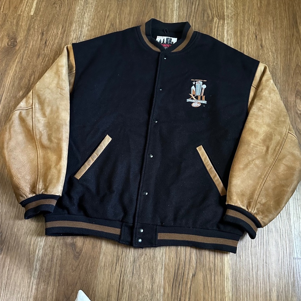 Identity Varsity Jacket Mens XL Black Tan Good 2001 Big 12 Championship Wool
